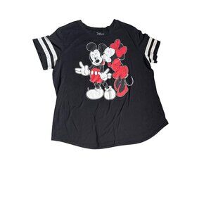 Disney Mickey & Minnie Mouse Womens Black Graphic T-Shirt 2X With Striped Sleeve